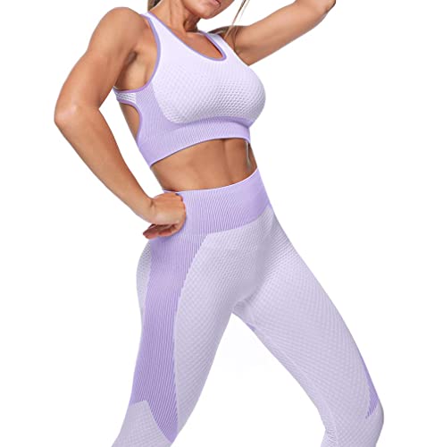 Veriliss 3 Piezas Mujer Yoga Traje Entrenamiento Para, Gym Mallas de Yoga Sin Costuras y Sujetador Deportivo Elástico Ropa de Gimnasio