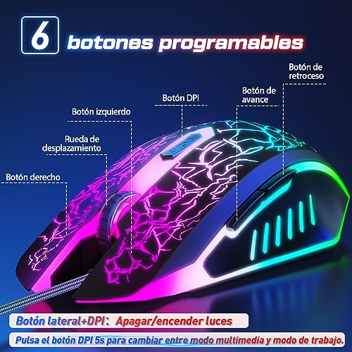 VersionTech. Ratón USB con Cable para Juegos de hasta 3600 dpi, ratón óptico ergonómico Iluminado RGB con 7 Luces LED de Colores, 6 Botones programables para portátil/Mac - （Negro）