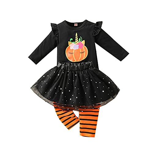 Verve Jelly Niños bebés Niñas Traje de Halloween Manga larga Calabaza Volantes Top Legging Pantalones Conjunto de ropa Falda de tutú 3PCS Conjunto Negro A 90 12-18 meses