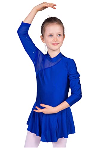 Vestido de baile, vestido de ballet, vestido de danza, guardia, patinaje artístico, una pieza con body bailar, azul real, 110 cm-116 cm