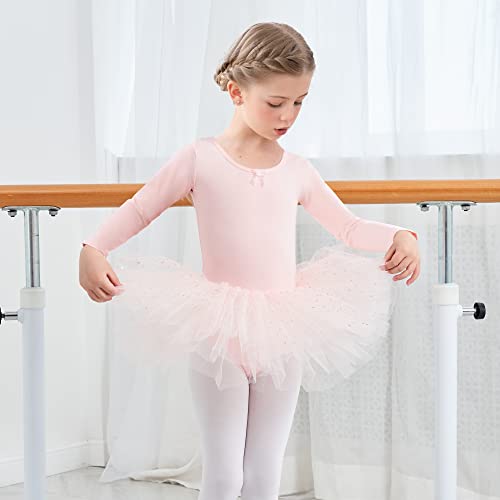 Vestido de ballet de manga larga para niña, vestido de ballet, con falda de algodón, vestido de ballet, tutú, vestido de danza, Rosa., 130 cm