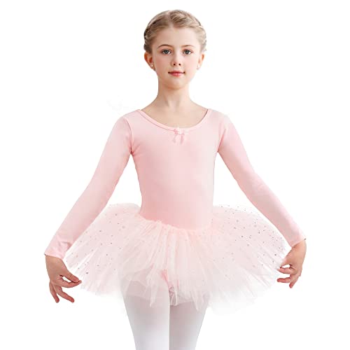 Vestido de ballet de manga larga para niña, vestido de ballet, con falda de algodón, vestido de ballet, tutú, vestido de danza, Rosa., 130 cm
