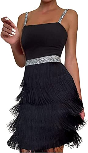 Vestidos de recolección de pasas de alaborra elástica de Lentejuelas de Mujer de Mujer Vestidos de Danza Latina Elegantes Vestidos de Baile (Negro,M)
