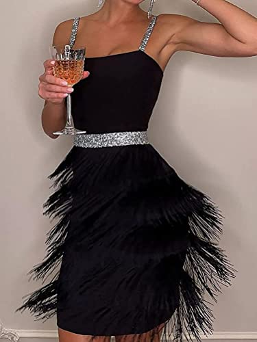 Vestidos de recolección de pasas de alaborra elástica de Lentejuelas de Mujer de Mujer Vestidos de Danza Latina Elegantes Vestidos de Baile (Negro,M)