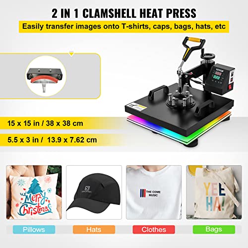VEVOR 2 en 1 máquina digital inteligente para prensa en caliente, 15 x 15 pulgadas 1500 W máquina de sublimación prensa de calor giratoria 360 grados para camisetas, cojines, bolsos, gorras, sombreros