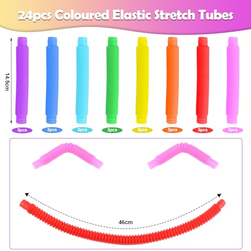 VFANDV 24 Piezas Juguetes Sensoriales de Tubo Elástico, Coloridos Tubo Elástico Juguete de Sensorial Pop Tubes Fidget Toys para Aliviar el estrés y la Ansiedad Adecuado para Niños y Adultos