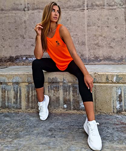 Vibrha Camiseta Deportiva sin Mangas de Mujer de Verano - Top Naranja Fluorescente - Camiseta de Tirantes Larga para Gym y Baile con Espalda de Nadador M
