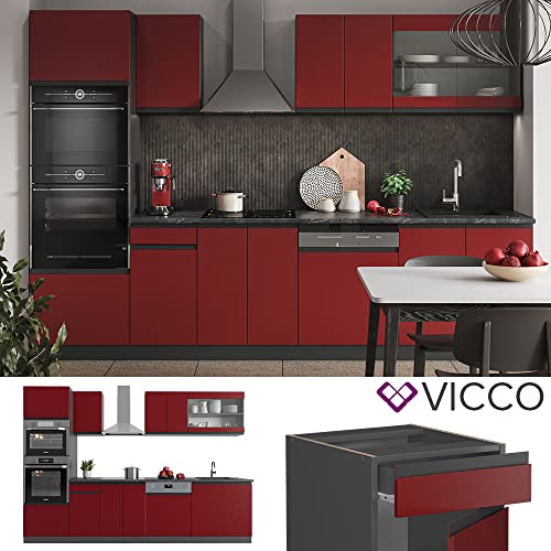 Vicco Mueble de Cocina R-Line, Rojo/Antracita, 300 cm En Forma de J, con Armario Alto, sin encimera