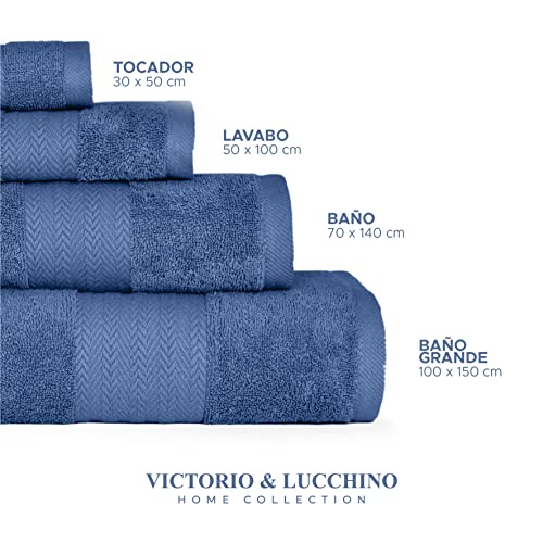 Victorio & Lucchino Juego de Toallas 100% Algodón - 2 Toallas Baño Grande 100x150cm - Color Cobalto