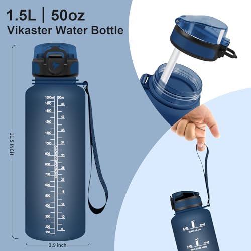 Vikaster Botella agua 1500ml, sin BPA, a prueba de fugas, Botella con Pajita, Botella grande para yoga, Gimnasio, Viajes, Exteriores