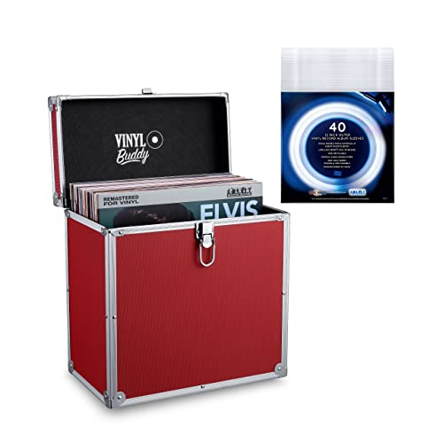 VINYL BUDDY Caja de almacenamiento de discos de vinilo de aluminio de 12 pulgadas, capacidad para hasta 40 LPs, incluye fundas exteriores de 40 x 12 pulgadas, Red, Maleta