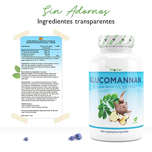 Vit4ever Glucomanano de la raíz de konjac - 180 cápsulas - Altamente dosificado con 4200 mg por porción diaria - Optimizado con cromo - Vegano