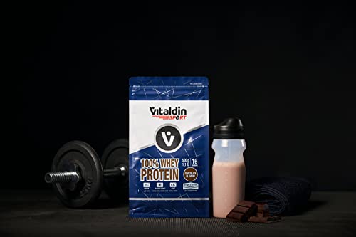 VITALDIN SPORT 100% Whey Protein 500 g – 100% Proteína de Suero de Leche en polvo con Digezyme – Aumento y Protección Muscular – Sabor Chocolate – 6,5 g de BCAA por serving – Sin Azúcares Añadidos