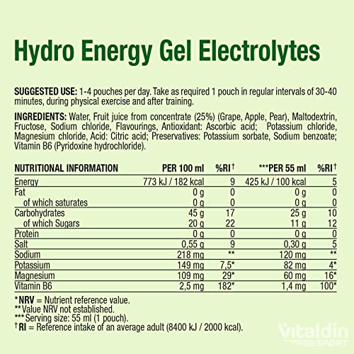 VITALDIN SPORT Hydro Energy Gel Electrolytes – 24 Geles x 55 ml – Gel Energético Hydro sabor Lima con Electrolitos – Energía rápida y sostenida en Running, Ciclismo & Deportes de Resistencia