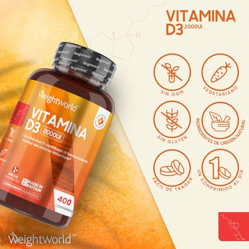 Vitamina D3 2000 UI 400 Comprimidos - Vitamina D Colecalciferol Vegetariano, más de 1 Año de Suministro | Contribuye a la Función Normal del Sistema Inmunológico, Huesos, Dientes, Músculos