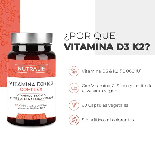 Vitamina D3 y K2 10000 UI - Vitamina D Alta Dosis | Sistema Inmunitario Huesos Músculos | D3 K2 MK7 Natural con Vitamina C y Aceite de Oliva Virgen Extra | 60 Cápsulas Veganas Nutralie