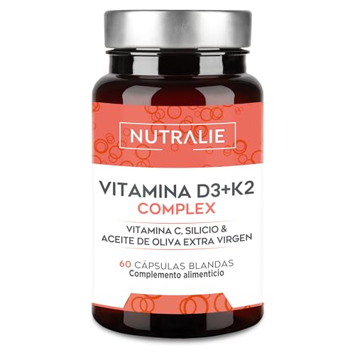 Vitamina D3 y K2 10000 UI - Vitamina D Alta Dosis | Sistema Inmunitario Huesos Músculos | D3 K2 MK7 Natural con Vitamina C y Aceite de Oliva Virgen Extra | 60 Cápsulas Veganas Nutralie