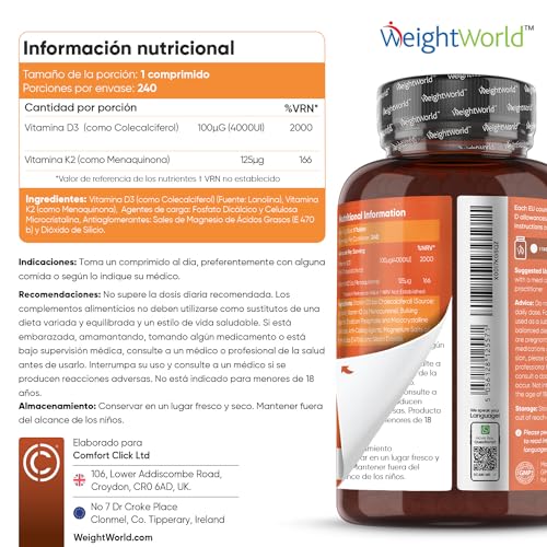 Vitamina D3 y K2 4000 UI - 240 Comprimidos - 8 Meses de Suministro | Contribuye a la Función Normal del Sistema Inmune, Huesos y Músculos - Alta Biodisponibilidad de MK7 - Apto para Vegetarianos