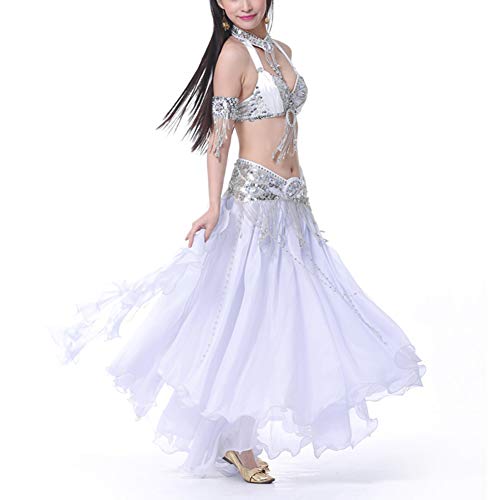 Vobony Falda Danza del Vientre Mujer Profesional Color Sólido Falda de Gasa Largas Disfraz de Baile Vestido de Baile Ropa de Rendimiento (Blanco)
