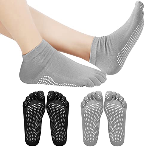 Volumoon 2 Pares Calcetines Antideslizantes para Yoga Pilates, Negro gris Calcetines para Hombre Mujer, Algodón Calcetines Deportivos Fitness Gimnasia, EU 37-42