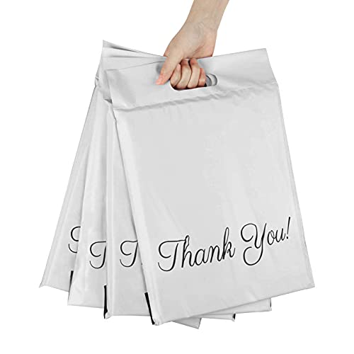 Wanxida 50 Bolsas para Envíos por Correo Sobres, Bolsas de Correo de Plástico 25 x 35 cm + 5 cm + 6 cm, con diseño de asa "Thank you"