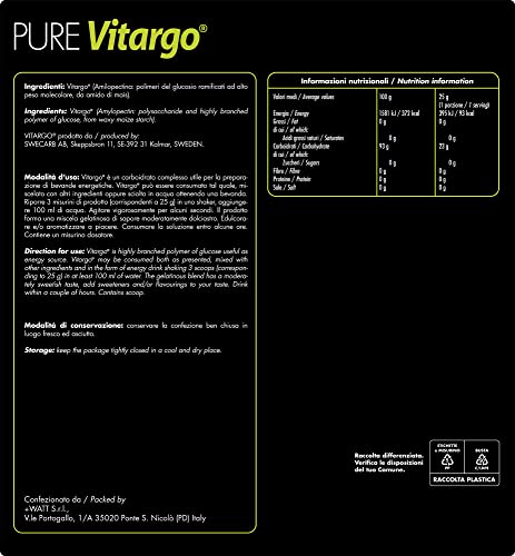 +Watt Pure Vitargo Integratore Alimentare Energetico Pre/Post Workout, 750g