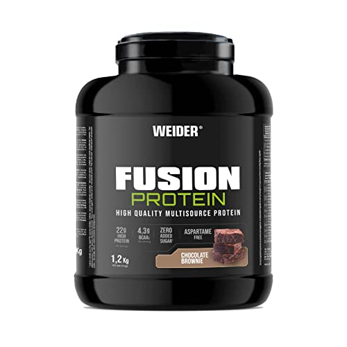 Weider Fusion Protein (1,2kg) Sabor Chocolate Brownie. Proteína a base 4 fuentes de proteínas de calidad, origen animal y vegetal, 22g Proteínas + 4,3g BCAA/porción, Sin Azúcar añadido, Sin Aspartamo