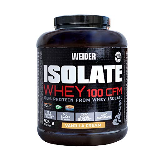 Weider - Isolate Whey 100CFM, 100% Aislado de Proteina de Suero, Cero Azúcar y Cero Aspartamo, Sabor Vainilla - Bote con 908 g