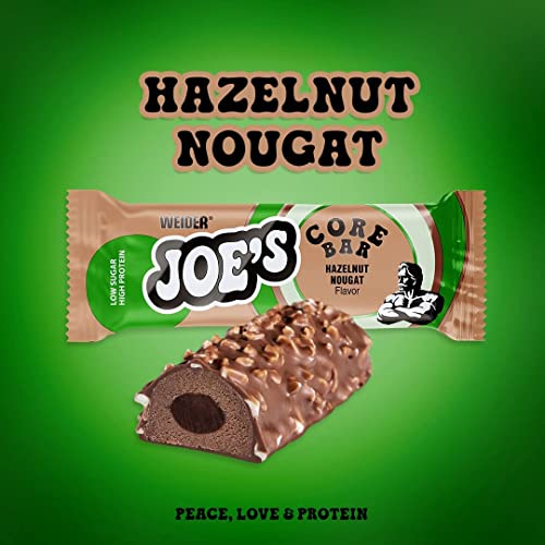 Weider Joe's Core Bar Barritas Proteicas, con Textura Suave y Cobertura de Chocolate con Leche y Blanco, Más de 31% de Proteínas, Bajo en Azúcar, Sabor Avellana-Turrón, 12 x 45 g
