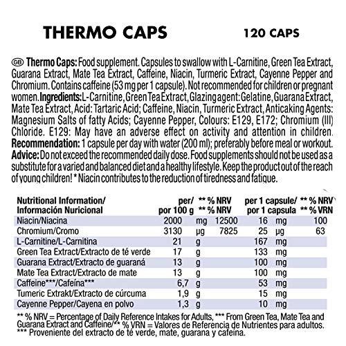 Weider Thermo Caps- 120 Capsulas, Disminuye el apetito, Potente fórmula termogénica con cafeína, Enriquecido con Cromo, Cúrcuma, l-Carnitina, 120 unidad, 1