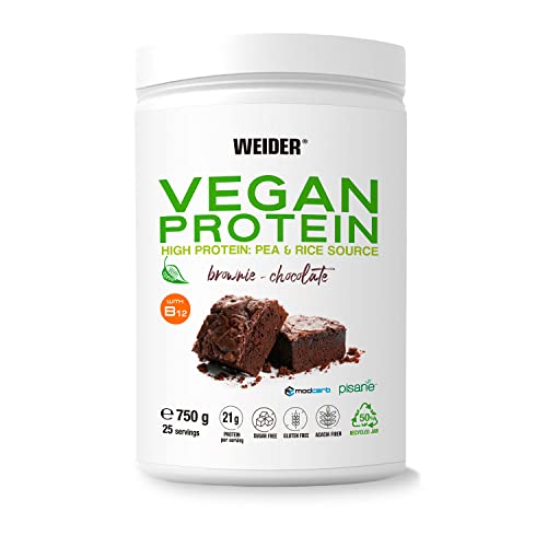 Weider Vegan Protein (750g) Sabor Brownie-Chocolate. Proteína Vegana 21g/dosis Aislada Guisante (Pisane) y Arroz. Con Vitamina B12 y Stevia. Sin Gluten, Sin Azúcar.