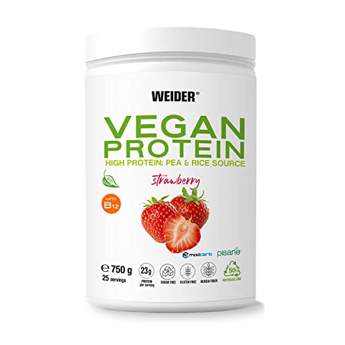 Weider Vegan Protein (750g) Sabor Fresa. Proteína Vegana 23g/dosis Aislada Guisante (Pisane) y Arroz. Con Vitamina B12 y Stevia. Sin Gluten, Sin Azúcar. Bote 50% Reciclado, 100% Reciclable
