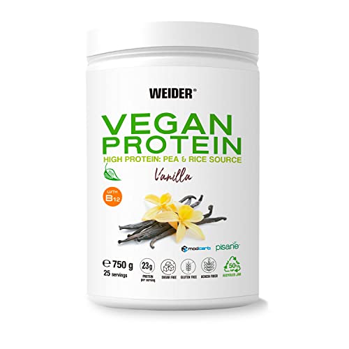 Weider Vegan Protein (750g) Sabor Vainilla. 23g/dosis Aislada Guisante (Pisane) y Arroz. Con Vitamina B12 y Stevia. Sin Gluten, Sin Azúcar. Bote 50% Reciclado, 100% Reciclable
