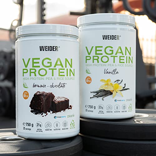 Weider Vegan Protein (750g) Sabor Vainilla. 23g/dosis Aislada Guisante (Pisane) y Arroz. Con Vitamina B12 y Stevia. Sin Gluten, Sin Azúcar. Bote 50% Reciclado, 100% Reciclable