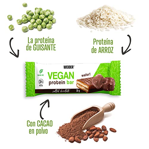 Weider vegan protein bar. Snack Vegano. Barrita de barquillo con cobertura de chocolate. Sin aceite de palma. Sabor Chocolate Saladoo . Caja de 12 barritas de 35gr