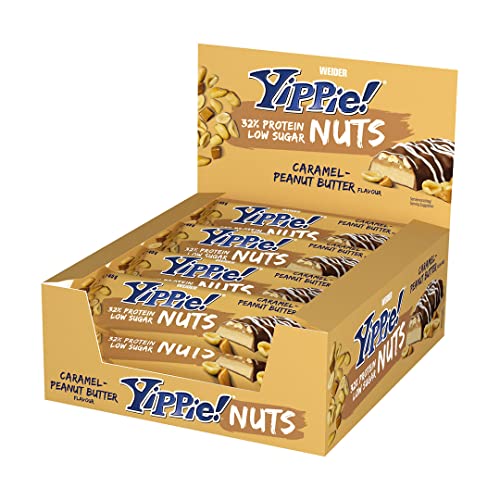 Weider Yippie Nuts Barrita proteica, caramelo-mantequilla de cacahuete, 12 barritas x 45 g, con auténticas nueces
