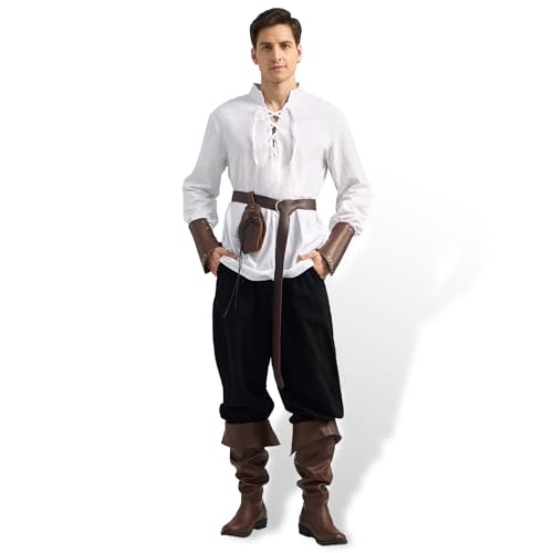 WELLCHY Conjunto de Ropa Medieval para Hombre, Conjunto de Traje Renacentista para Hombre con Camisa Pirata Medieval para Hombre, Pantalones Medieval, Cinturón, Muñequeras Accesorios (L, Blanco)