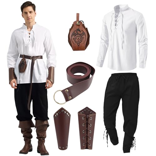 WELLCHY Conjunto de Ropa Medieval para Hombre, Conjunto de Traje Renacentista para Hombre con Camisa Pirata Medieval para Hombre, Pantalones Medieval, Cinturón, Muñequeras Accesorios (L, Blanco)