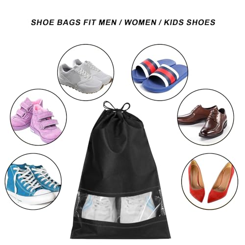 Welsberg 10 Piezas Bolsas de Viaje para Zapatos, Bolsa Organizador Impermeable de Almacenamiento Grandes con Cordón y Ranura Transparente para Zapatos de Hombres y Mujeres, Negro