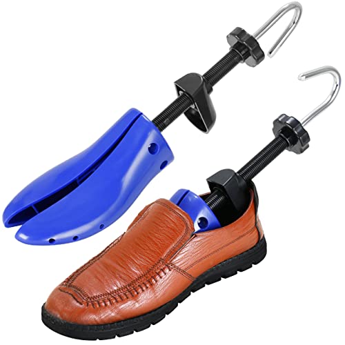 welsberg 2 ensanchadores de zapatos (1 par) para hombres, unisex expansor de zapatos de 4 vías, camilla de zapatos, pies anchos, horquilla de plástico para zapatos, talla EU 40-47, azul