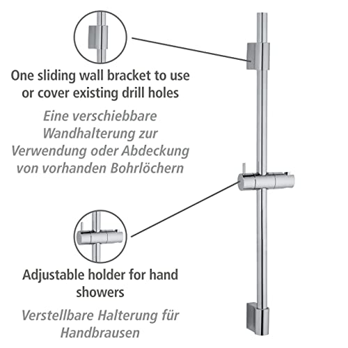 WENKO Barra de ducha Classic, barra para ducha o bañera de acero inoxidable con soporte para ducha de mano y soporte de pared móvil, dimensiones (An./P x Al): Ø 2,2 x 70 cm, cromo