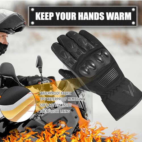 WESTWOOD FOX Guantes de moto para hombres y mujeres. Guantes de invierno impermeables térmicos de cuero para pantalla táctil BMX ATV MTB Racing y actividades al aire libre (negro, L)