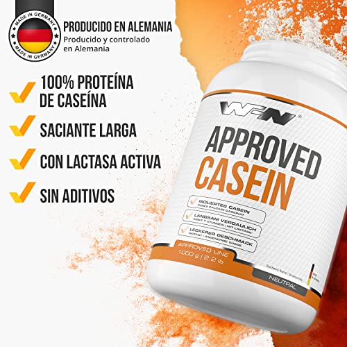 WFN Approved Casein - Neutro - 1 kg - Proteína de caseína con lactasa - Proteína cremosa en polvo - Muy soluble - 33 porciones - Fabricado en Alemania - Probado en laboratorio externo