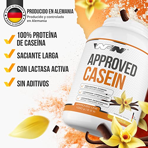 WFN Approved Casein - Vainilla - 1 kg - Proteína de caseína con lactasa - Proteína cremosa en polvo - Muy soluble - 33 porciones - Fabricado en Alemania - Probado en laboratorio externo