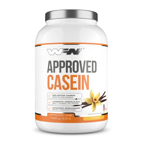 WFN Approved Casein - Vainilla - 1 kg - Proteína de caseína con lactasa - Proteína cremosa en polvo - Muy soluble - 33 porciones - Fabricado en Alemania - Probado en laboratorio externo