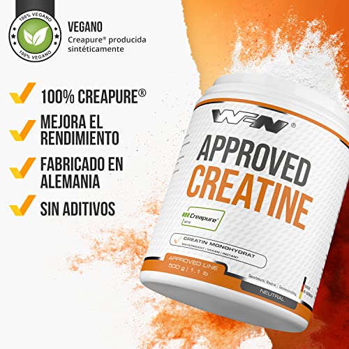 WFN Approved Creatine - Creapure - Neutro - 500 g - Creatina monohidratada - Polvo - Vegano - 166 Porciones - Fabricado en Alemania - Probado en laboratorio externo