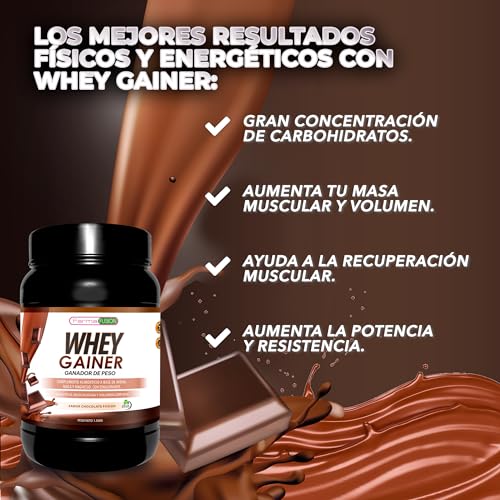 Whey Gainer | Alto contenido en Hidratos de Carbono | Con Proteína Whey, Magnesio, Harina de Avena y Maca | Sabor chocolate | 1,5kg