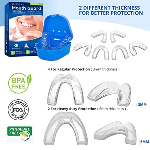 Wifamy Protector bucal para apretar los dientes por la noche, deportivo deportivo, bandeja de blanqueamiento, incluye 4 protectores regulares y 2 resistentes