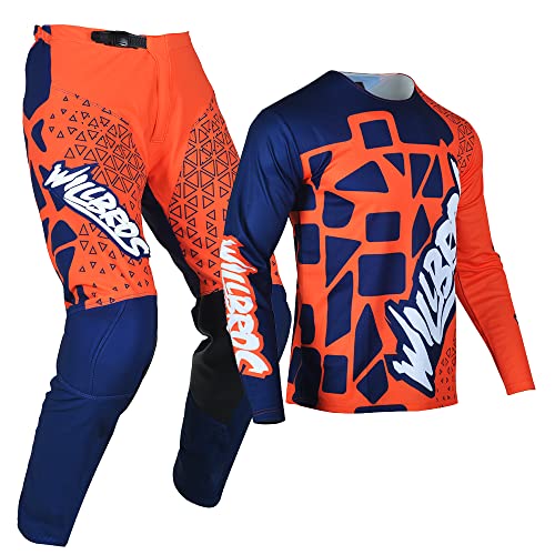 Willbros Pantalones de Jersey Camiseta de Motocross Traje Hombres Mujeres Adulto Offroad Enduro Juego de Motos de Cross Ropa de Carreras Naranja Azul (Jersey M Pants 32)