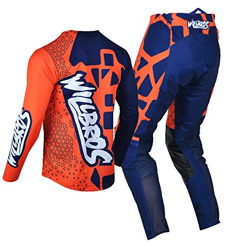 Willbros Pantalones de Jersey Camiseta de Motocross Traje Hombres Mujeres Adulto Offroad Enduro Juego de Motos de Cross Ropa de Carreras Naranja Azul (Jersey M Pants 32)